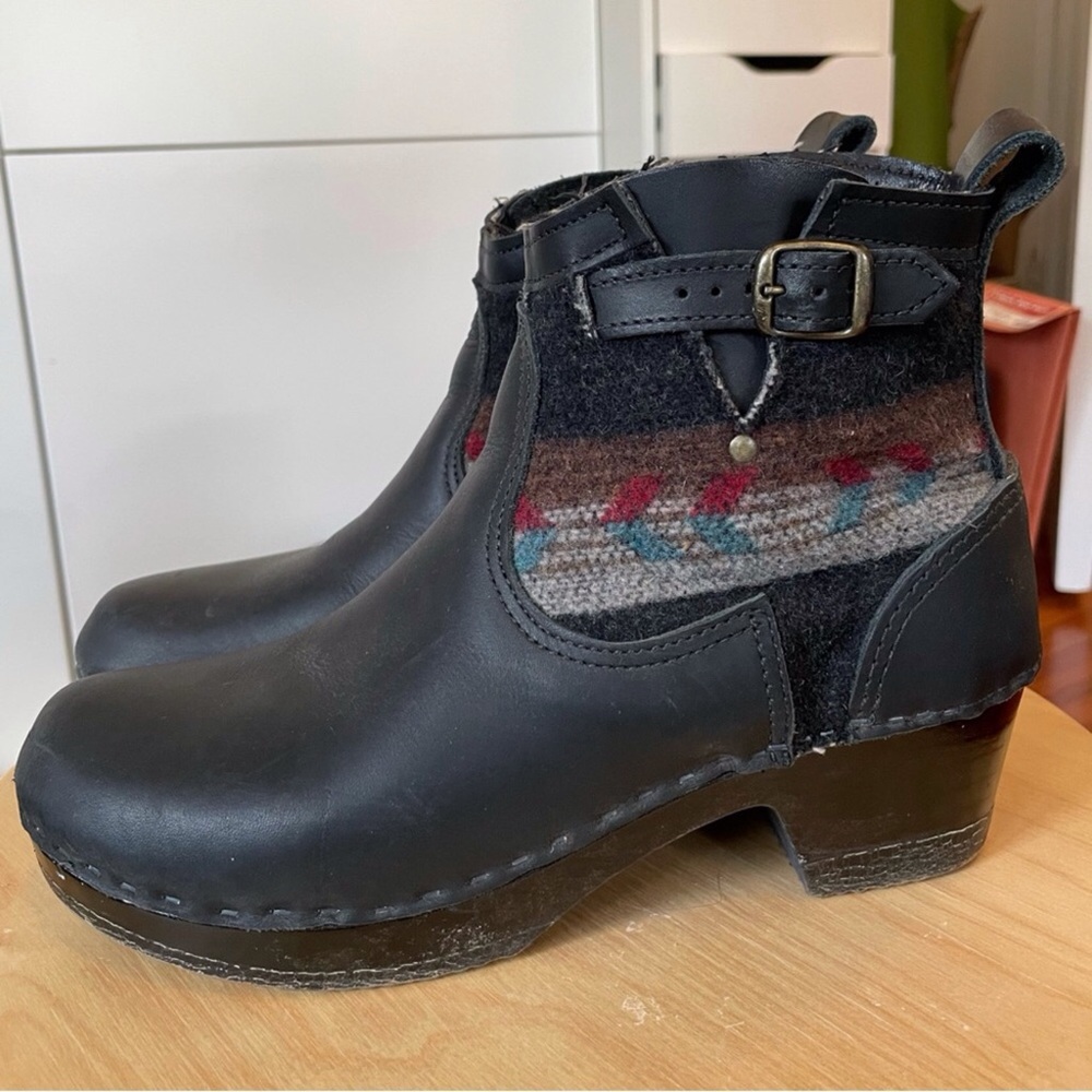 No.6 Pull On Mid Heel Leather Moto Southwest Blanket Buckle Clog Boot 40/8/8.5